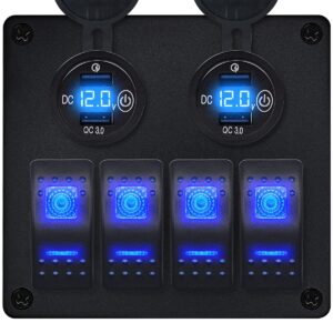 ProRide Schakelpaneel 12V voor Auto/Boot - USB Stopcontact 4 Poorten met Schakelaar en Voltmeter - QC3.0 - 4 schakelaars - Blauw
