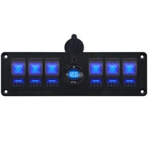 ProRide Schakelpaneel 12V voor Auto/Boot - USB Stopcontact 2 Poorten met Schakelaar en Voltmeter - QC3.0 - 6 schakelaars - Blauw