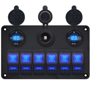 ProRide Schakelpaneel 12V voor Auto/Boot - USB Stopcontact 4 Poorten met Schakelaar en Voltmeter - QC3.0 - 6 schakelaars + 12V/24V stopcontact - Blauw