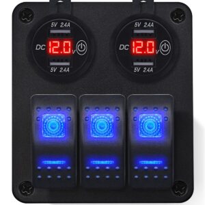 ProRide Schakelpaneel 12V voor Auto/Boot - USB Stopcontact 4 Poorten met Schakelaar/Voltmeter - 5V/2.4A - 3 schakelaars - Rood