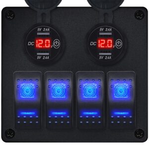 ProRide Schakelpaneel 12V voor Auto/Boot - USB Stopcontact 4 Poorten met Schakelaar/Voltmeter - 5V/2.4A - 4 schakelaars - Rood