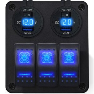 ProRide Schakelpaneel 12V voor Auto/Boot - USB Stopcontact met Schakelaar/Voltmeter - 5V/2.4A - 3 schakelaars - Blauw