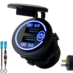 ProRide 12V USB Stopcontact 2 Poorten Inbouw met Schakelaar - QC3.0 - PUSB1QC-B - met Aansluitkabel 60cm en Glaszekering 10A - Blauw