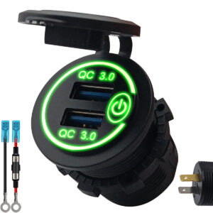 ProRide 12V USB Stopcontact 2 Poorten Inbouw met Schakelaar - QC3.0 - PUSB1QC-G - met Aansluitkabel 60cm en Glaszekering 10A - Groen