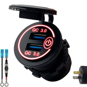 ProRide 12V USB Stopcontact 2 Poorten Inbouw met Schakelaar - QC3.0 - PUSB1QC-R - met Aansluitkabel 60cm en Glaszekering 10A - Rood