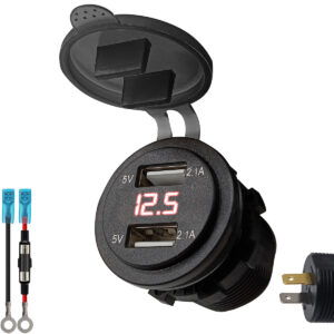 ProRide 12V USB Stopcontact 2 Poorten Inbouw met Voltmeter - 4.2A/5V - PVM1-R - met Aansluitkabel 60cm en Glaszekering 10A - Rood