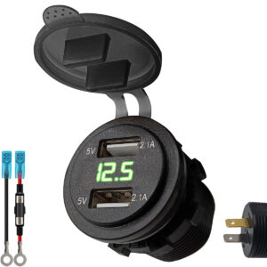 ProRide 12V USB Stopcontact 2 Poorten Inbouw met Voltmeter - 4.2A/5V - PVM1-G - met Aansluitkabel 60cm en Glaszekering 10A - Groen