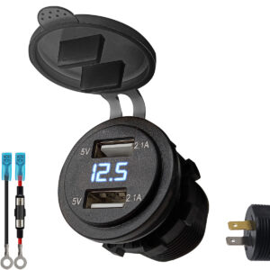 ProRide 12V USB Stopcontact 2 Poorten Inbouw met Voltmeter - 4.2A/5V - PVM1-B - met Aansluitkabel 60cm en Glaszekering 10A - Blauw
