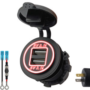 ProRide 12V USB Stopcontact 2 Poorten Inbouw - 5V/2.1A - met Aansluitkabel 60cm en Glaszekering 10A - Rood