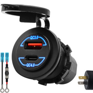 ProRide 12V USB Stopcontact 2 Poorten Inbouw - QC4.0 - met Aansluitkabel 60cm en Glaszekering 10A - Blauw