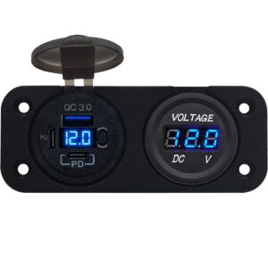 ProRide 12V USB C Stopcontact 3 Poorten Inbouw met Schakelaar/Voltmeter - QC3.0 - Tweevoudig inbouw paneel - Blauw