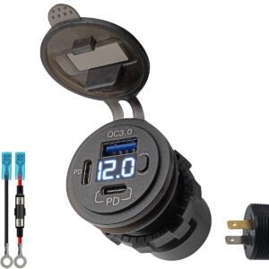 ProRide 12V USB C Stopcontact 3 Poorten Inbouw met Schakelaar/Voltmeter - QC3.0 - met Aansluitkabel 60cm en Glaszekering 10A - Blauw