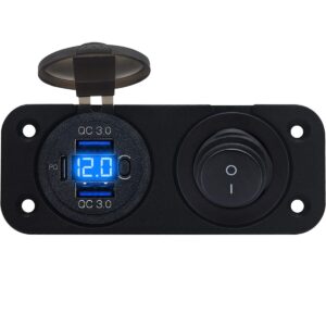 ProRide 12V USB C Stopcontact 3 Poorten Inbouw met Schakelaar/Voltmeter - QC3.0 - Tweevoudig inbouw paneel - Blauw