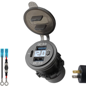 ProRide 12V USB C Stopcontact 3 Poorten Inbouw met Schakelaar/Voltmeter - QC3.0 - met Aansluitkabel 60cm en Glaszekering 10A - Blauw