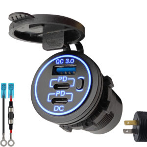 ProRide 12V USB/USB C Stopcontact 3 Poorten met schakelaar - Inbouw - QC3.0 - met Aansluitkabel 60cm en Glaszekering 10A - Blauw