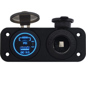 ProRide 12V USB/USB C Stopcontact 2 Poorten Inbouw met Schakelaar - 65W - QC3.0 - met 12/24V Sigaretten stopcontact - Blauw