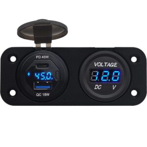 ProRide 12V USB/USB C Autolader 2 Poorten Inbouw met Wattagemeter - 45W/QC3.0 - Tweevoudig inbouw paneel - Blauw