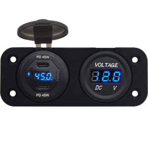 ProRide 12V USB C Autolader 2 Poorten Inbouw met Wattagemeter - 45W/QC3.0 - Tweevoudig inbouw paneel - Blauw