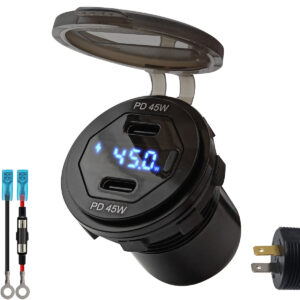 ProRide 12V USB C Autolader 2 Poorten Inbouw met Schakelaar/Voltmeter - 45W/QC3.0 - met Aansluitkabel 60cm en Glaszekering 10A