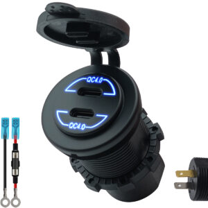 ProRide 12V USB C Autolader 2 Poorten Inbouw - 30W - QC4.0 - met Aansluitkabel 60cm en Glaszekering 10A - Blauw