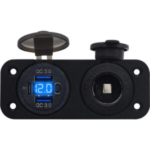 ProRide 12V USB C Stopcontact 3 Poorten Inbouw met Schakelaar/Voltmeter - QC3.0 - met 12/24V Sigaretten stopcontact - Blauw