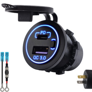 ProRide 12V USB/USB C Stopcontact 2 Poorten Inbouw met Schakelaar - QC3.0 - met Aansluitkabel 60cm en Glaszekering 10A - Blauw