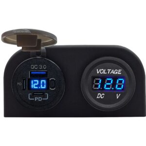 ProRide 12V USB C Stopcontact 3 Poorten Opbouw met Schakelaar - QC3.0 - Tweevoudig opbouw met Voltmeter - Blauw