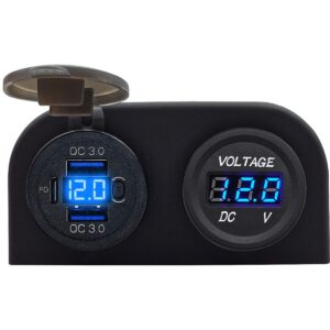 ProRide 12V USB C Stopcontact 3 Poorten Opbouw met Schakelaar - QC3.0 - Tweevoudig opbouw met Voltmeter - Blauw