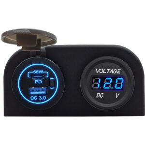 ProRide 12V USB/USB C Stopcontact 2 Poorten Opbouw met Schakelaar - 65W - QC3.0 - Tweevoudig opbouw met Voltmeter - Blauw