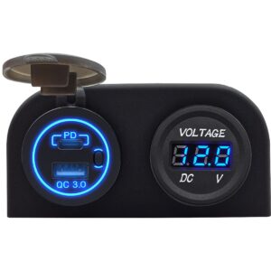 ProRide 12V USB/USB C Stopcontact 2 Poorten Opbouw met Schakelaar - QC3.0 - Tweevoudig opbouw met Voltmeter - Blauw