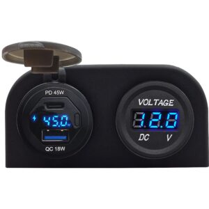 ProRide 12V USB/USB C Autolader 2 Poorten Opbouw met Wattagemeter - 45W/QC3.0 - Tweevoudig opbouw met Voltmeter - Blauw