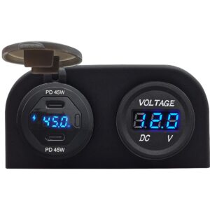 ProRide 12V USB C Autolader 2 Poorten Opbouw met Wattagemeter - 45W/QC3.0 - Tweevoudig opbouw met Voltmeter - Blauw