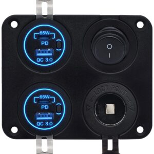 ProRide 12V USB Autolader 4 Poorten - 65W/QC3.0 - Schakelaar en 12V Sigaretten stopcontact - Vierkant inbouw paneel