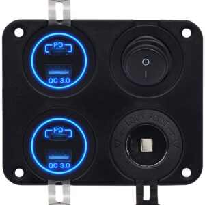 ProRide 12V USB Autolader 4 Poorten - QC3.0 - Schakelaar en 12V Sigaretten stopcontact - Vierkant inbouw paneel