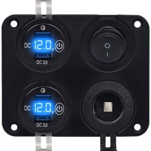 ProRide 12V USB Autolader 4 Poorten - QC3.0 - Schakelaar en 12V Sigaretten stopcontact - Vierkant inbouw paneel