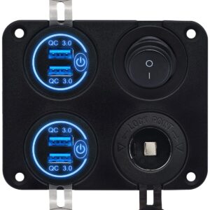 ProRide 12V USB Autolader 4 Poorten - QC3.0 - Schakelaar en 12V Sigaretten stopcontact - Vierkant inbouw paneel