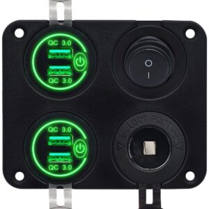 ProRide 12V USB Autolader 4 Poorten - QC3.0 - Schakelaar en 12V Sigaretten stopcontact - Vierkant inbouw paneel