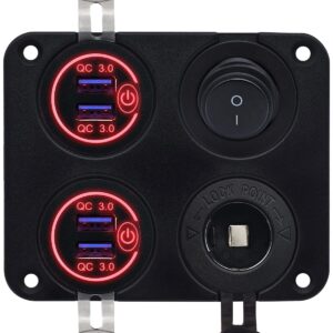 ProRide 12V USB Autolader 4 Poorten - QC3.0 - Schakelaar en 12V Sigaretten stopcontact - Vierkant inbouw paneel