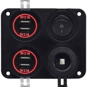 ProRide 12V USB Autolader 4 Poorten - 5V/2.1A - Schakelaar en 12V Sigaretten stopcontact - Vierkant inbouw paneel