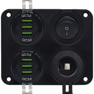 ProRide 12V USB Autolader 6 Poorten - QC3.0 - Schakelaar en 12V Sigaretten stopcontact - Vierkant inbouw paneel