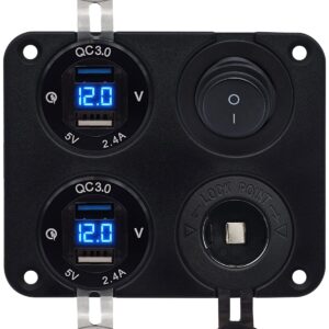 ProRide 12V USB Autolader 4 Poorten - 5V/2.4A - Schakelaar en 12V Sigaretten stopcontact - Vierkant inbouw paneel