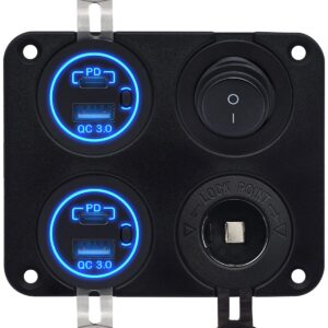 ProRide 12V USB Autolader 4 Poorten - QC3.0 - Schakelaar en 12V Sigaretten stopcontact - Vierkant inbouw paneel