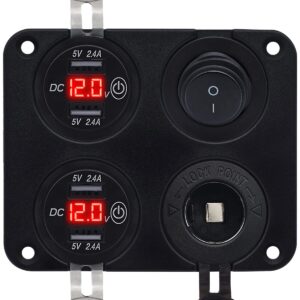 ProRide 12V USB Autolader 4 Poorten - 5V/2.4A - Schakelaar en 12V Sigaretten stopcontact - Vierkant inbouw paneel