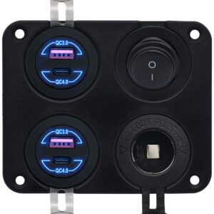 ProRide 12V USB Autolader 4 Poorten - QC4.0 - Schakelaar en 12V Sigaretten stopcontact - Vierkant inbouw paneel