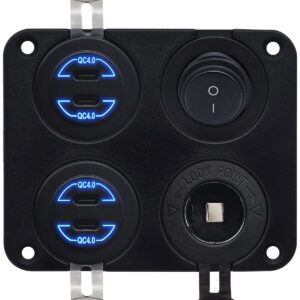 ProRide 12V USB C Autolader 4 Poorten - 30W/QC4.0 - Schakelaar en 12V Sigaretten stopcontact - Vierkant inbouw paneel