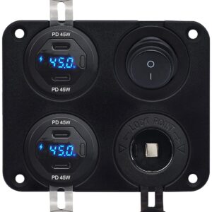 ProRide 12V USB C Autolader 4 Poorten - 45W/QC3.0 - Schakelaar en 12V Sigaretten stopcontact - Vierkant inbouw paneel