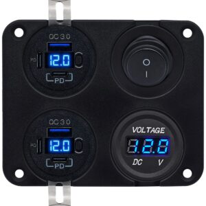 ProRide 12V USB Autolader 6 Poorten - QC3.0 - Voltmeter en Schakelaar - Vierkant inbouw paneel