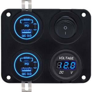 ProRide 12V USB Autolader 4 Poorten - 65W/QC3.0 - Voltmeter en Schakelaar - Vierkant inbouw paneel