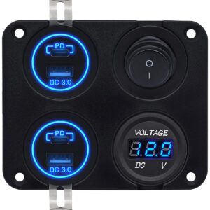 ProRide 12V USB Autolader 4 Poorten - QC3.0 - Voltmeter en Schakelaar - Vierkant inbouw paneel