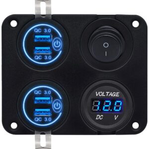 ProRide 12V USB Autolader 4 Poorten - QC3.0 - Voltmeter en Schakelaar - Vierkant inbouw paneel